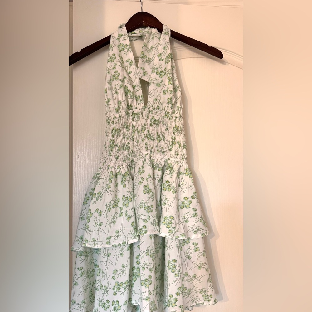 SHEIN White and Green Floral Mini Dress